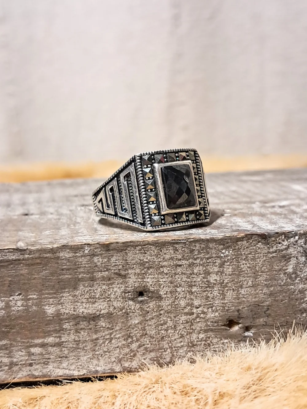 Vintage Art Deco 925 Sterling Silver Black Onyx Signet Ring Size 10.5